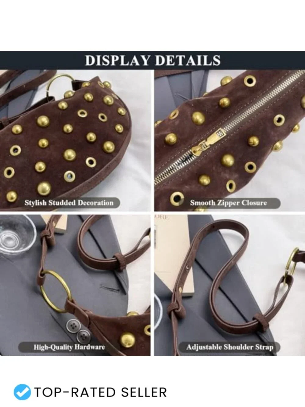 Studded Hobo Bag Faux Suede Crescent Shoulder Purse Women